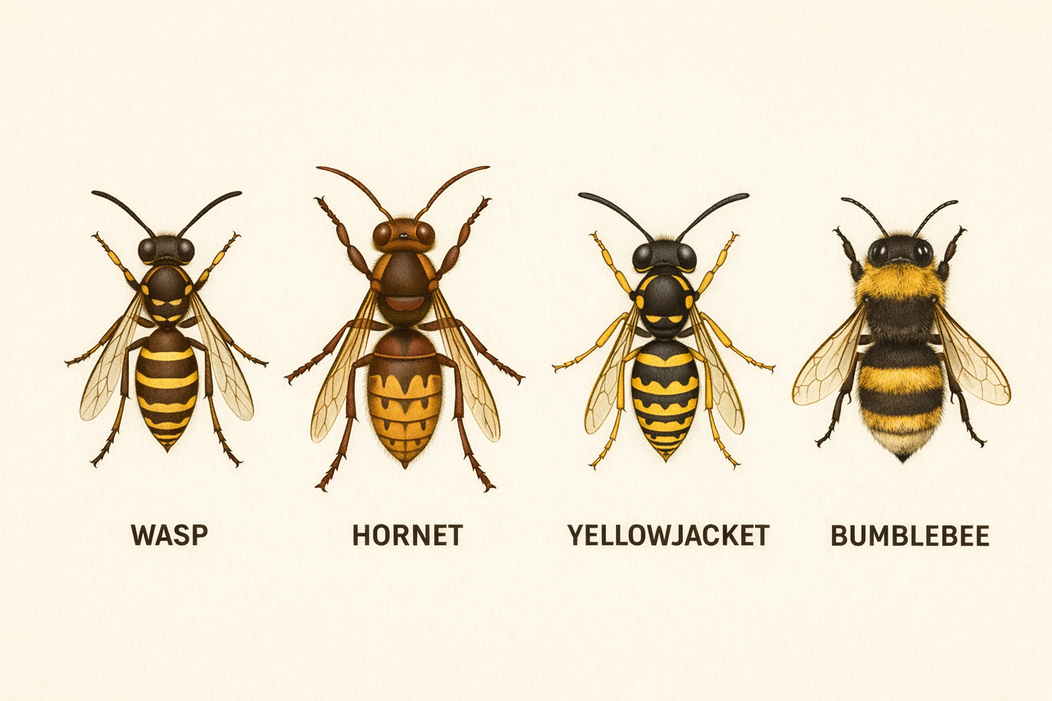 Anatomical illustration: Paper Wasp, European Hornet, Eastern Yellowjacket, Common Eastern Bumblebee