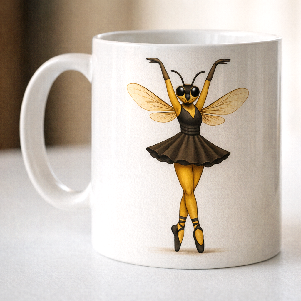Ceramic mug with four insect ballet dancers