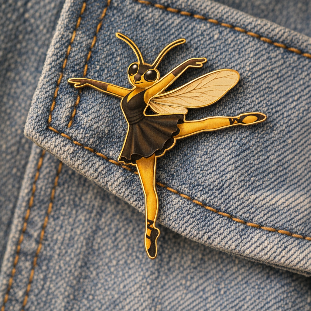 Gold enamel pin of wasp ballet dancer on denim jacket