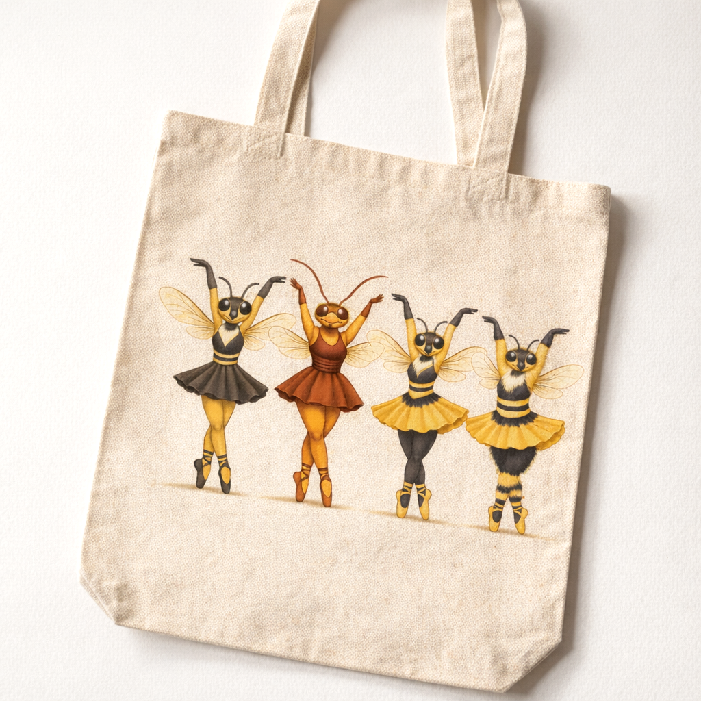 Natural canvas tote bag with four insect ballet dancers