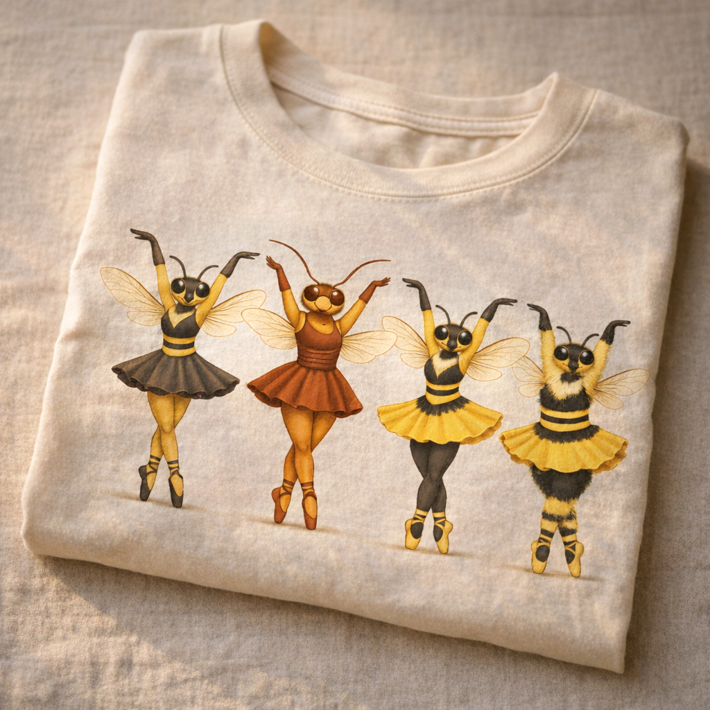 White t-shirt with four insect ballet dancers
