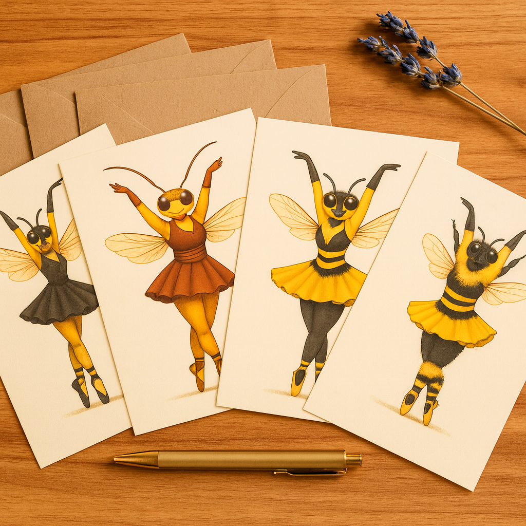 Greeting cards with insect ballet dancer illustrations