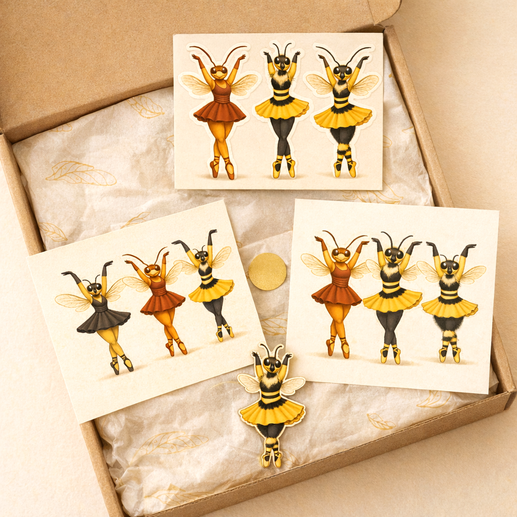 Gift set with art print, stickers, and card in kraft box