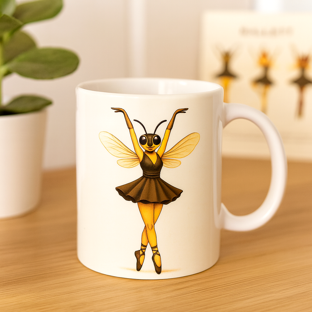 Ceramic mug with insect ballet dancer illustration