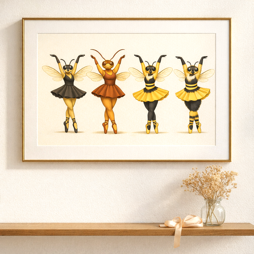 Art print of four insect ballet dancers in a gold frame
