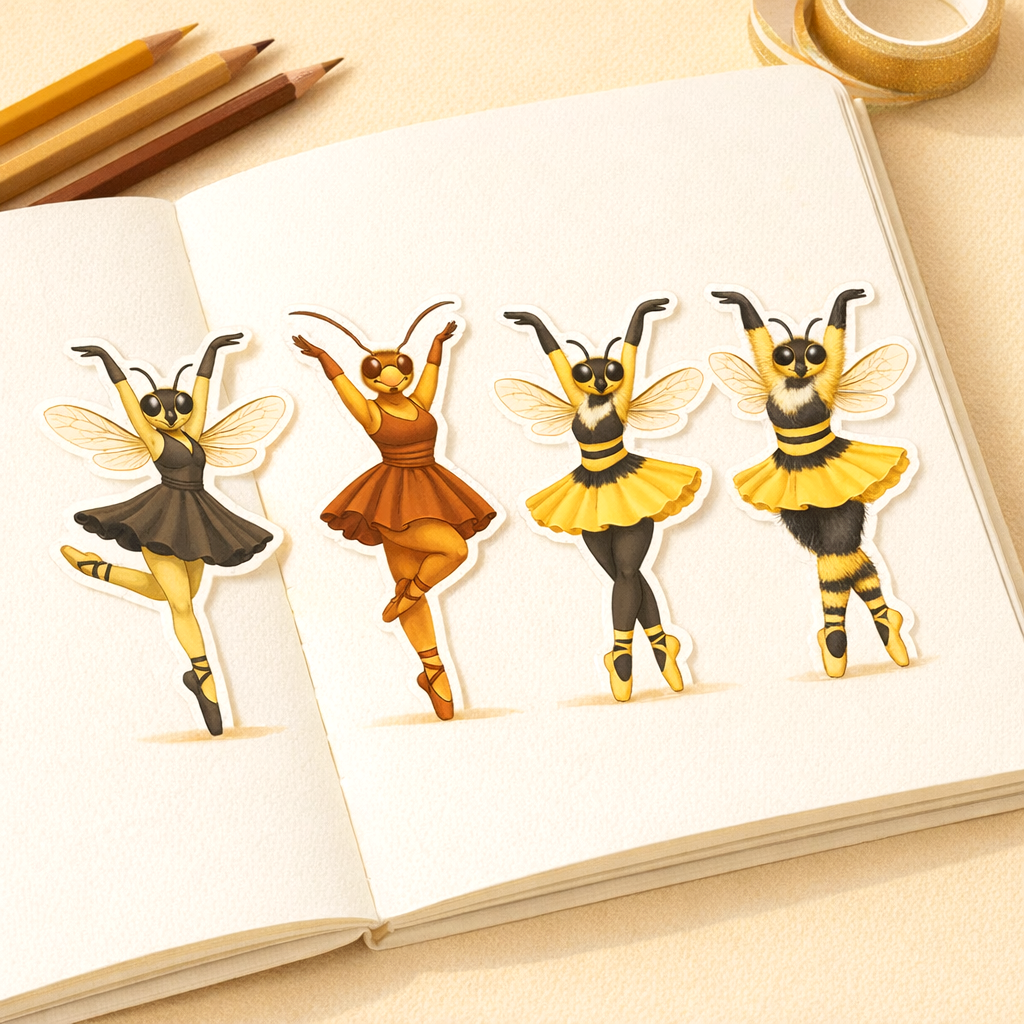 Die-cut sticker sheet of four insect ballet dancers