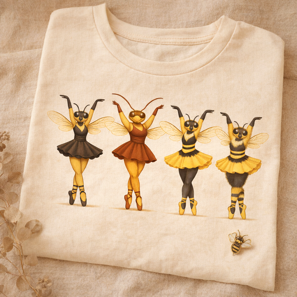 Cream t-shirt with insect ballet dancer illustration